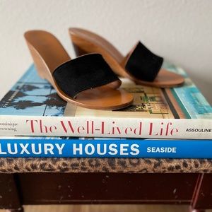 K Jacques Wedge, size 37, black suede with wooden wedge heel